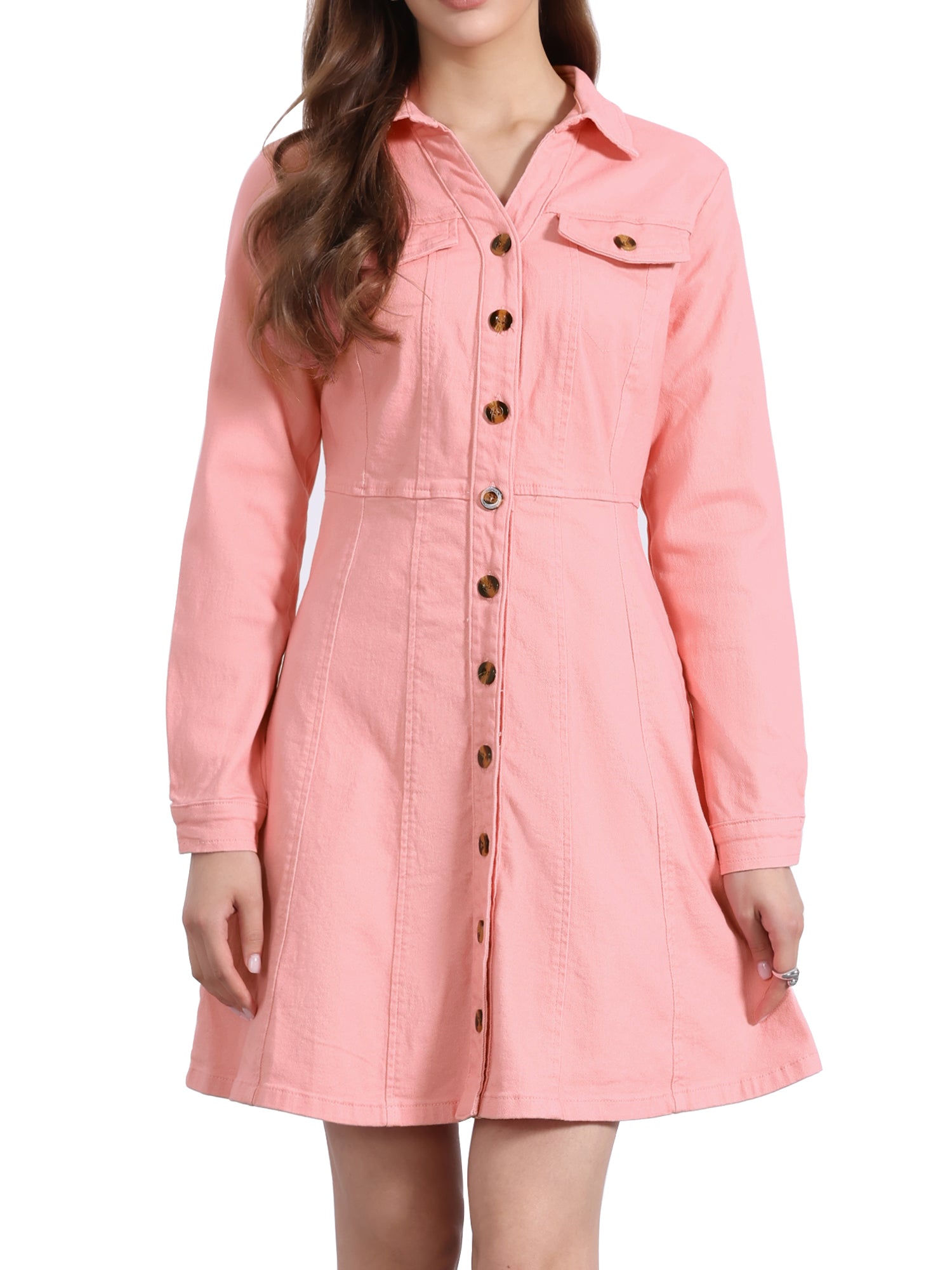 Button Down Collar V Neck Long Sleeve A-line Jean Denim Dress