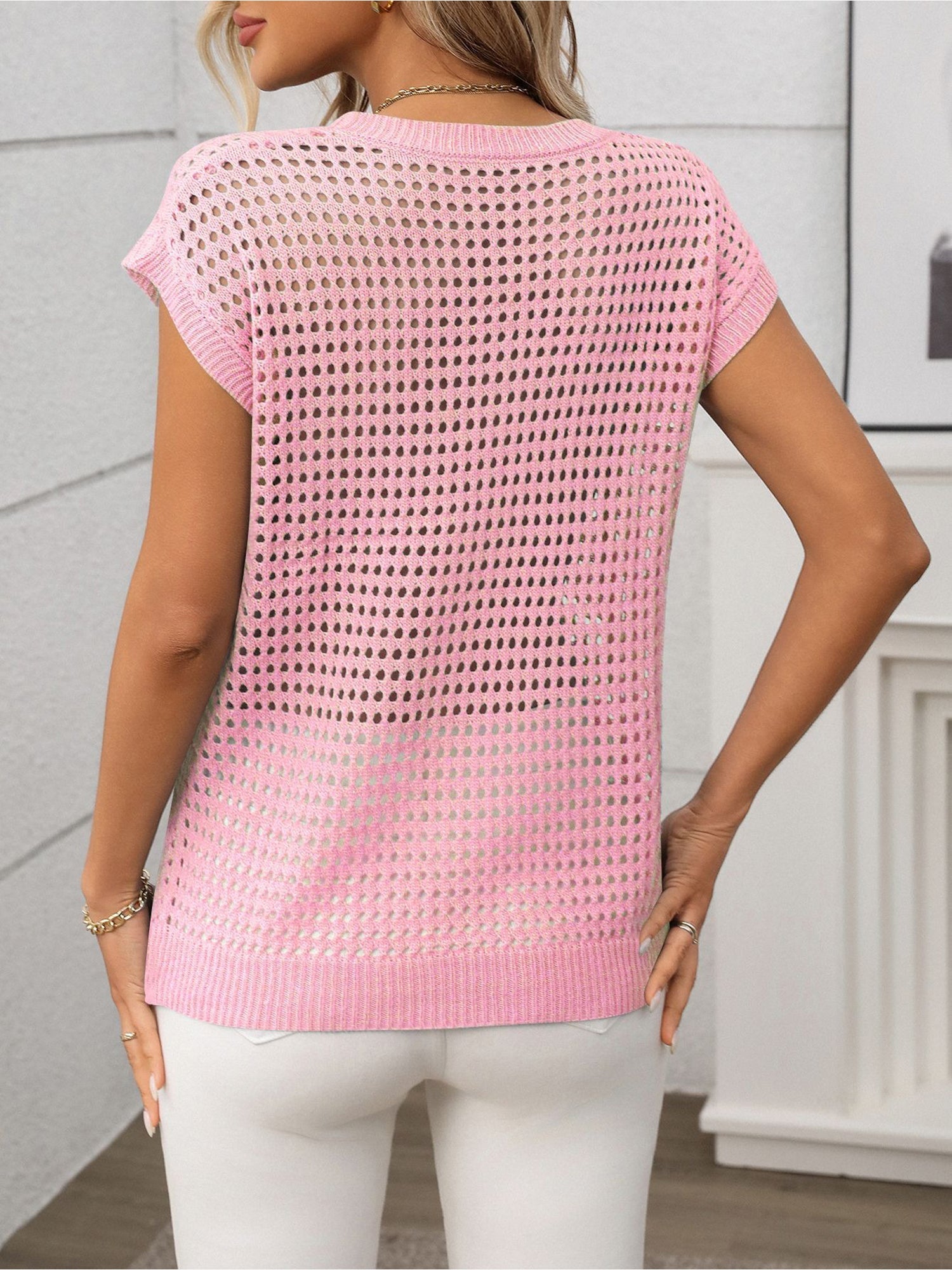 Round Neck Short Sleeves Sheer Knitted Blouse