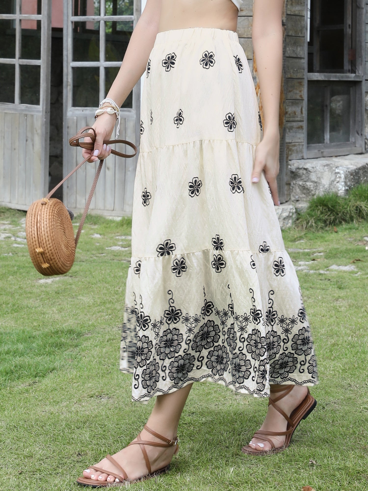 Boho Floral A-Line Tiered Maxi Skirt With Pockets