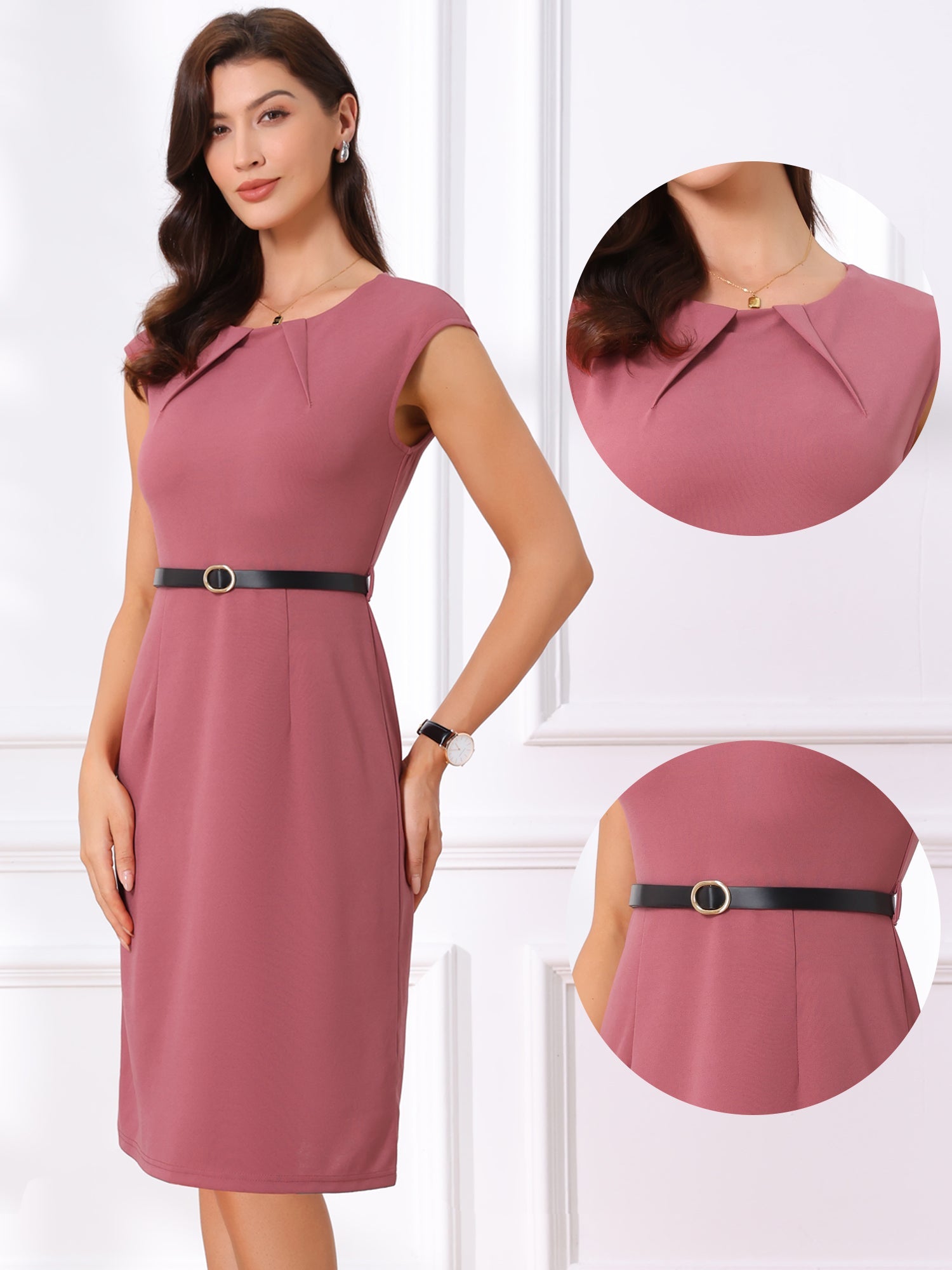 Elegant Business Cap Sleeve Belted Pencil Work Sheath Dress