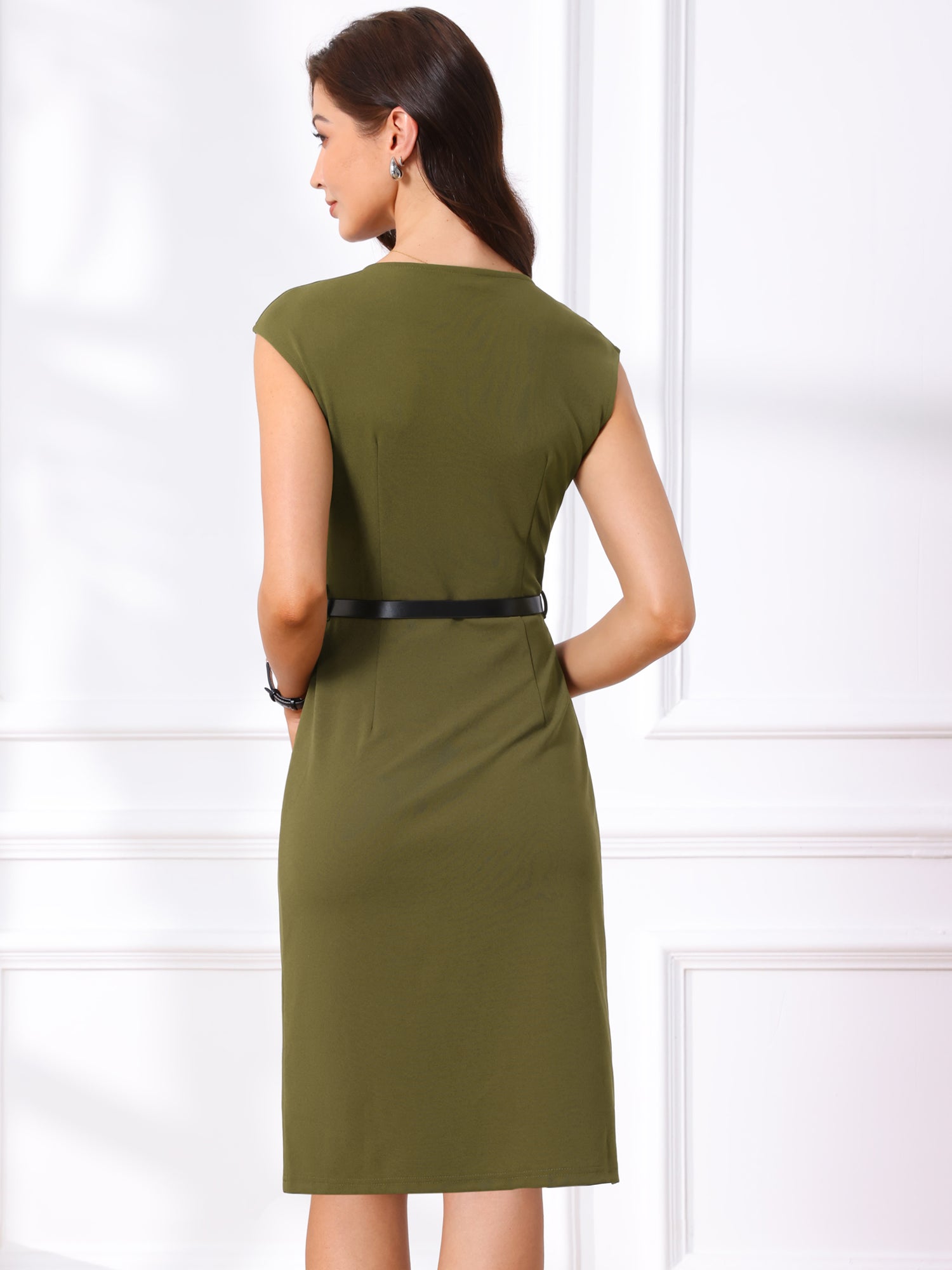 Elegant Business Cap Sleeve Belted Pencil Work Sheath Dress