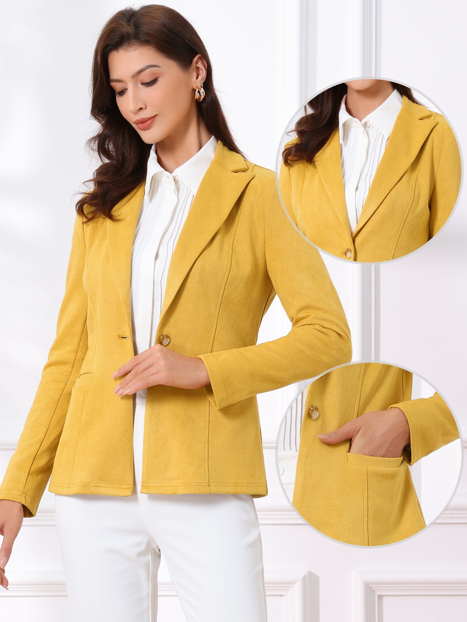 Faux Suede Lapel Collar Long Sleeve Casual Work Office Jacket