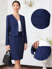 2 Pieces Office Work Open Front Cropped Blazer Jacket & Pencil Business Skirt Suit Set