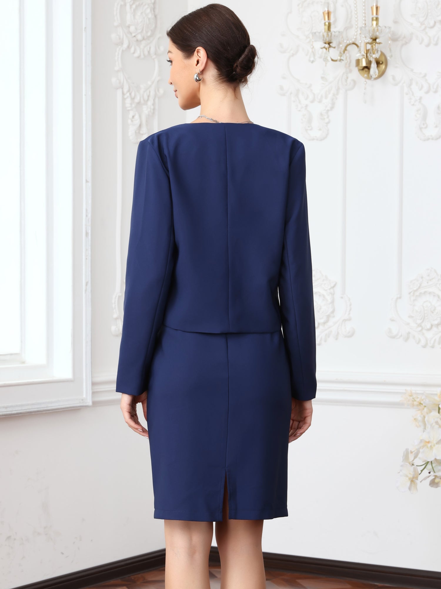 2 Pieces Office Work Open Front Cropped Blazer Jacket & Pencil Business Skirt Suit Set