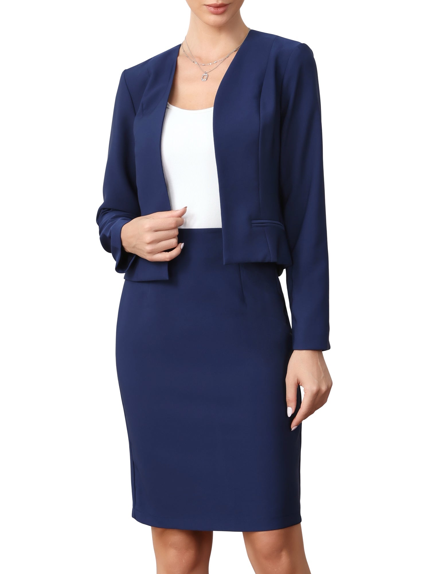 2 Pieces Office Work Open Front Cropped Blazer Jacket & Pencil Business Skirt Suit Set