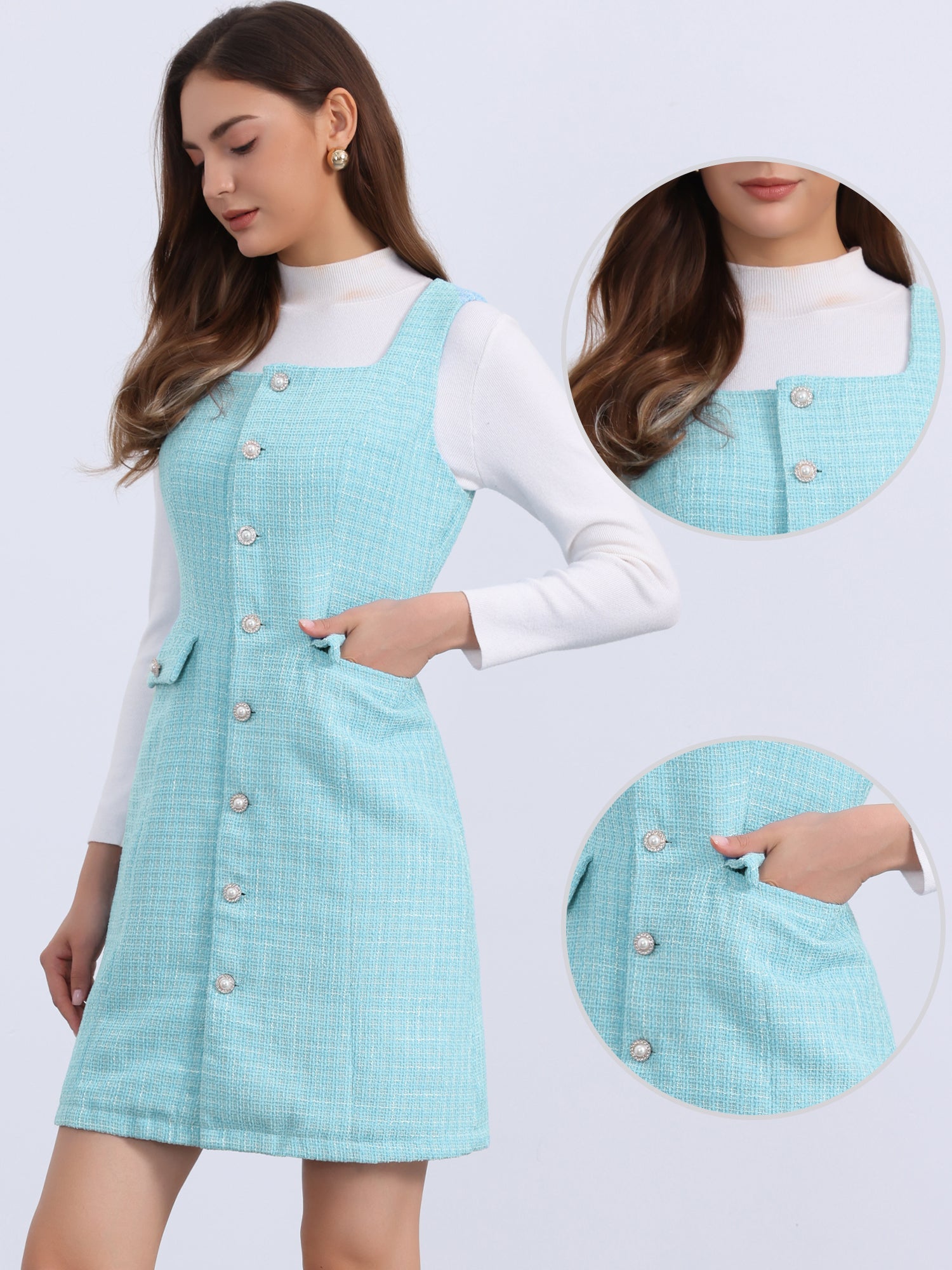 Tweed Sleeveless Button Up Pockets A-Line Pinafore Overall Dress