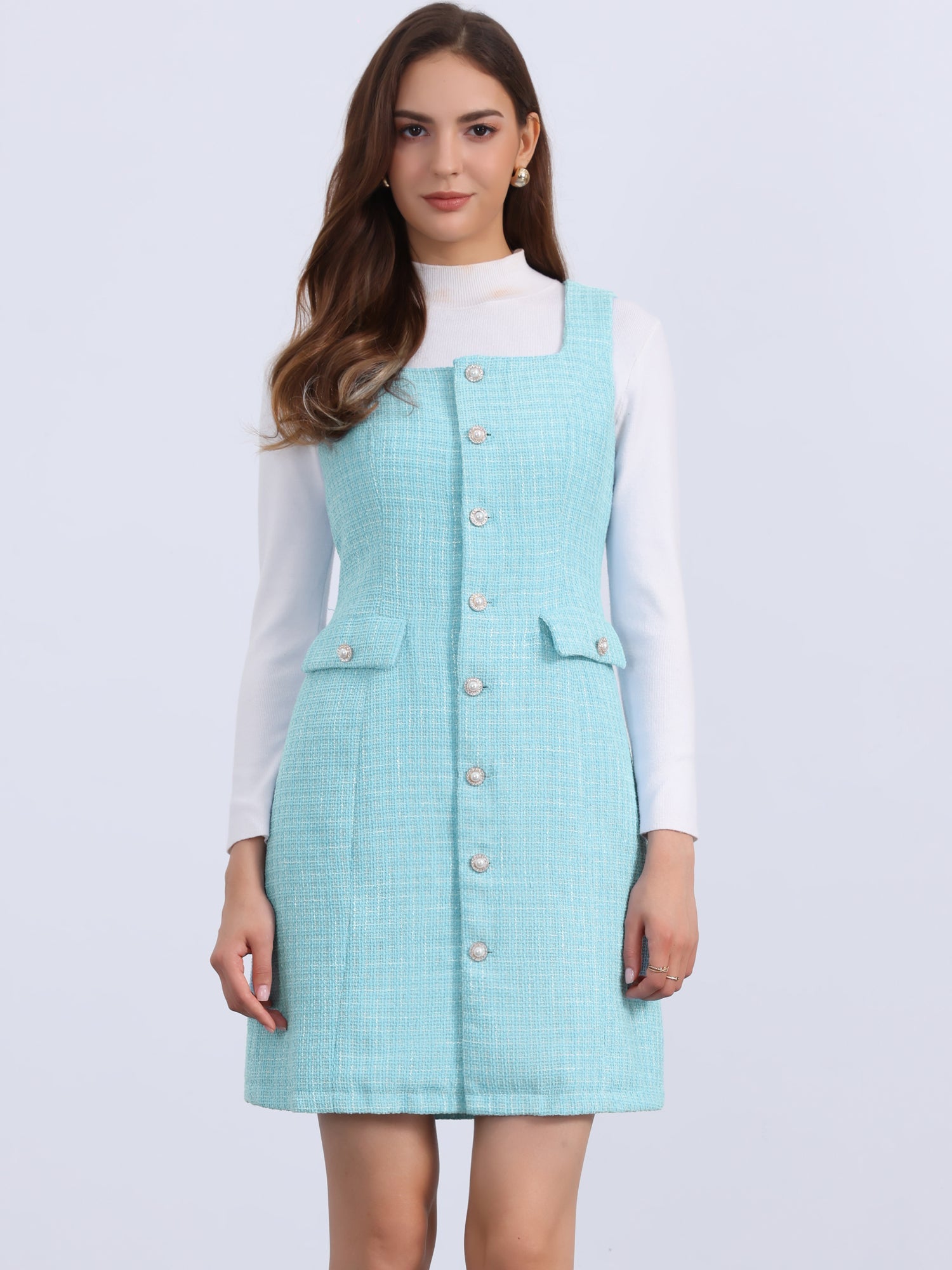 Tweed Sleeveless Button Up Pockets A-Line Pinafore Overall Dress