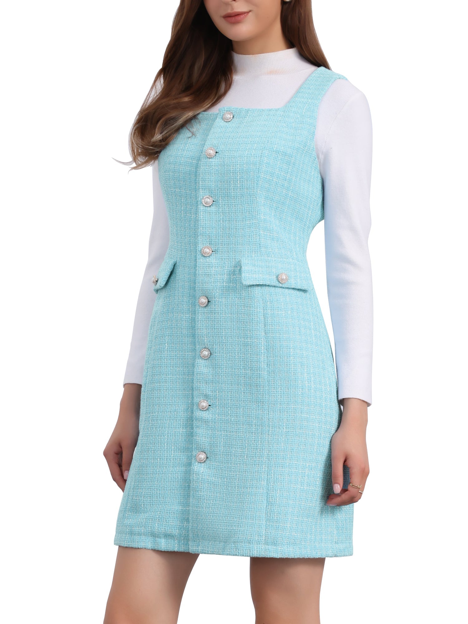 Tweed Sleeveless Button Up Pockets A-Line Pinafore Overall Dress