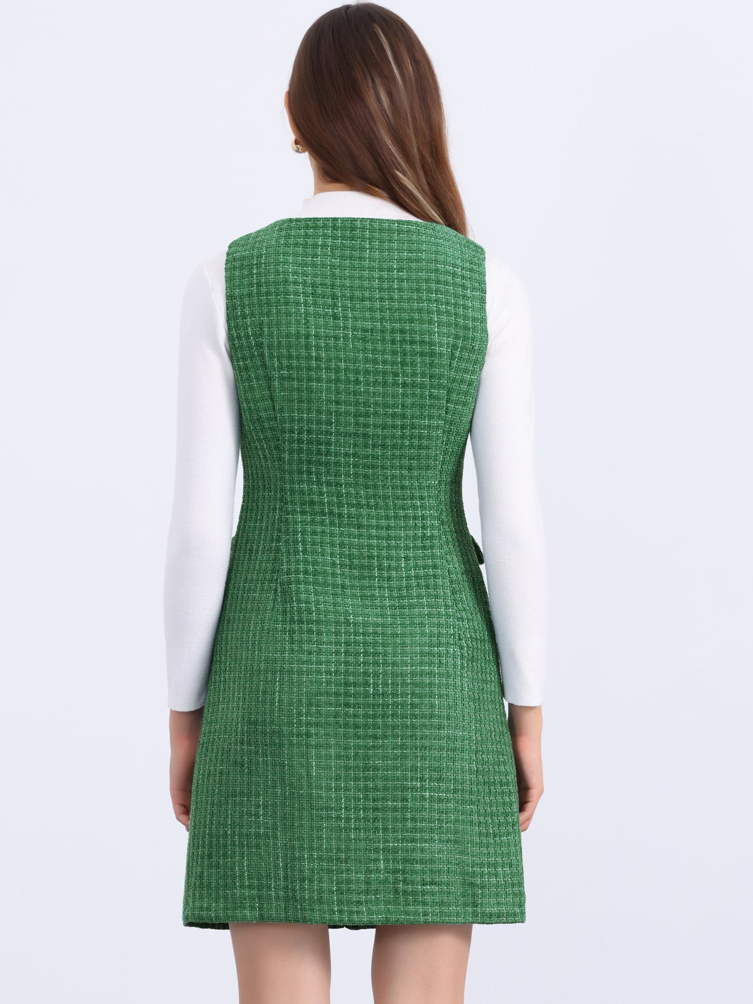 Tweed Sleeveless Button Up Pockets A-Line Pinafore Overall Dress