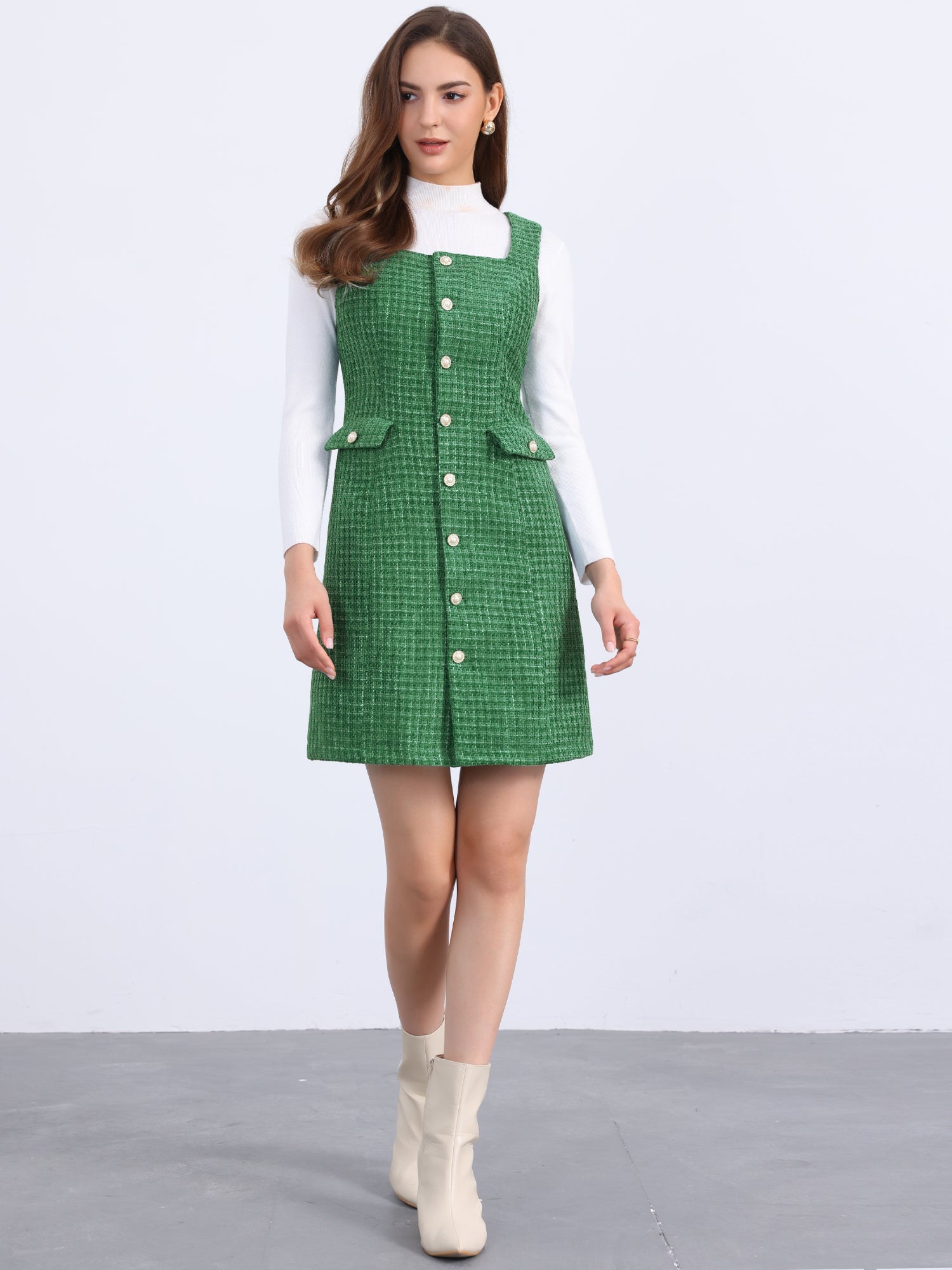 Tweed Sleeveless Button Up Pockets A-Line Pinafore Overall Dress
