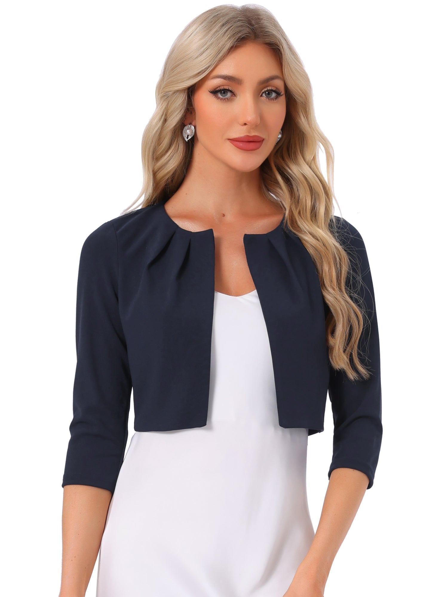 3/4 Sleeve Collarless Pleated Open Front Shrugs