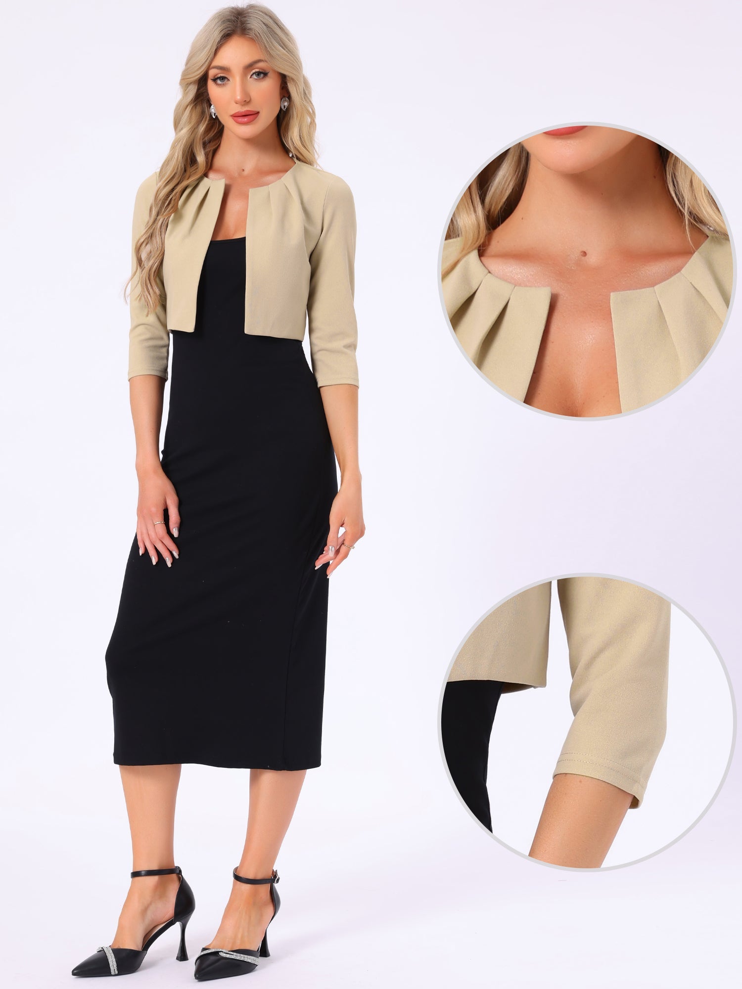 3/4 Sleeve Collarless Pleated Open Front Shrugs