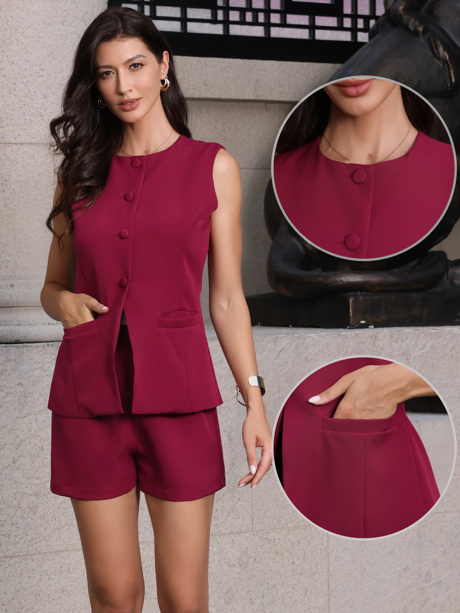 2 Piece Crew Neck Button Pockets Vest & Shorts Matching Set