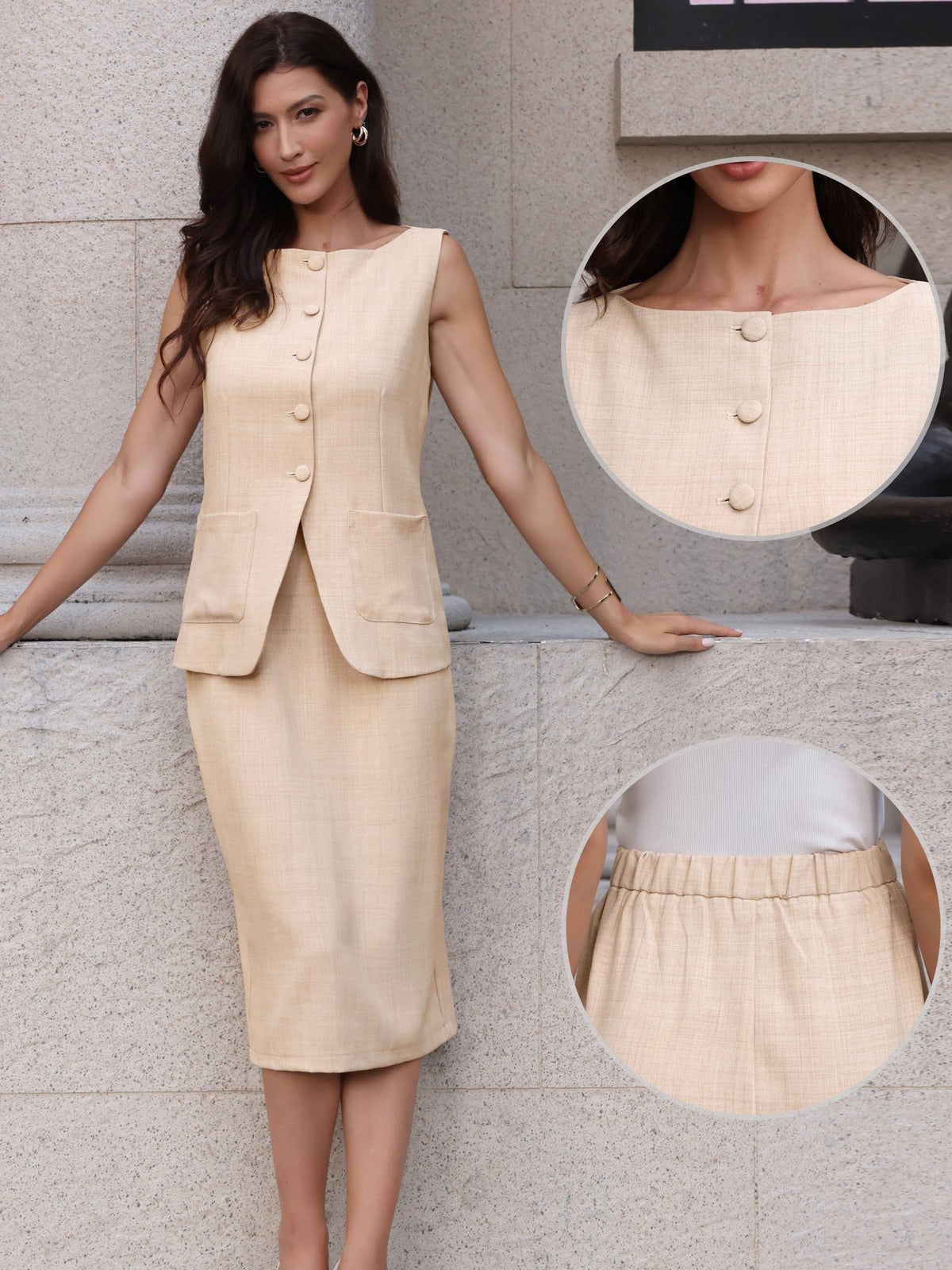 2 Piece Business Work Set Button Down Sleeveless Vest & Sheath Skirt Suit Set