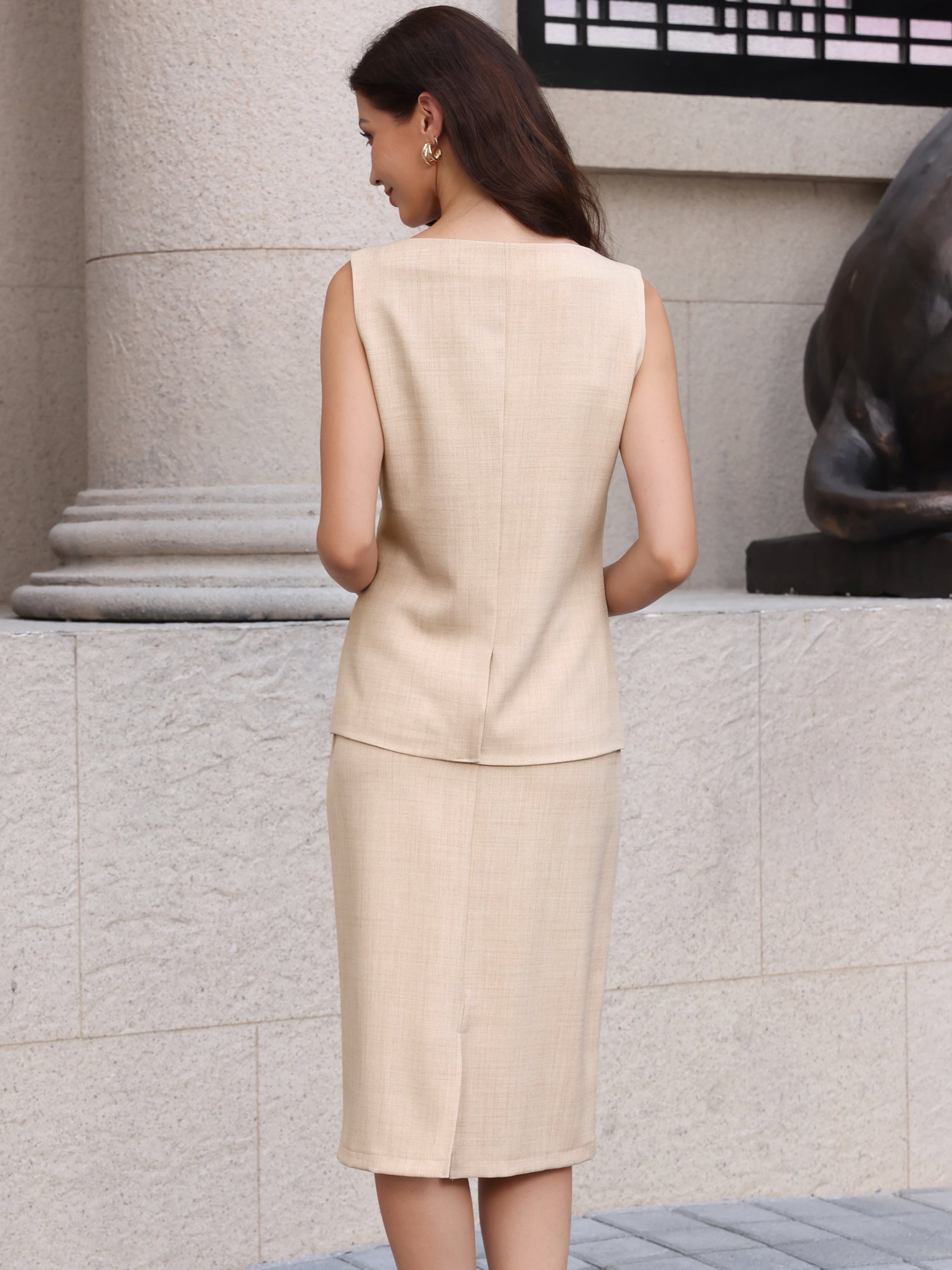2 Piece Business Work Set Button Down Sleeveless Vest & Sheath Skirt Suit Set