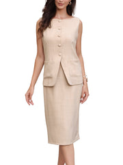 2 Piece Business Work Set Button Down Sleeveless Vest & Sheath Skirt Suit Set