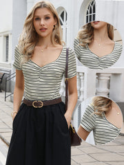 Stripe Sweetheart Neck Short Sleeve Bodysuit Tops