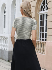 Stripe Sweetheart Neck Short Sleeve Bodysuit Tops