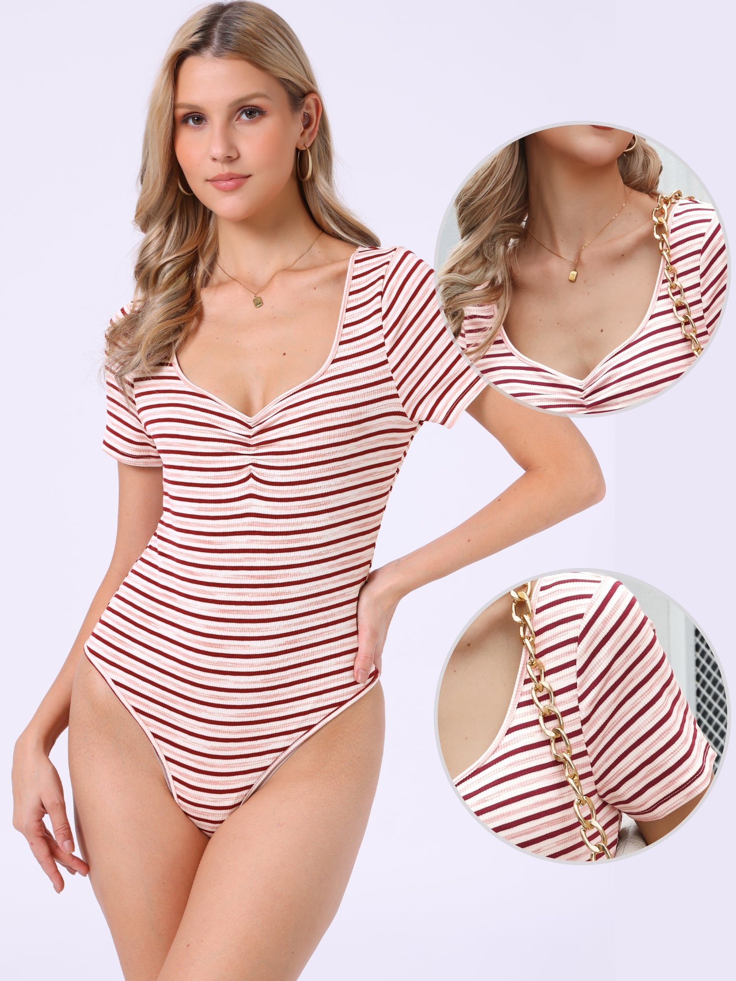Stripe Sweetheart Neck Short Sleeve Bodysuit Tops