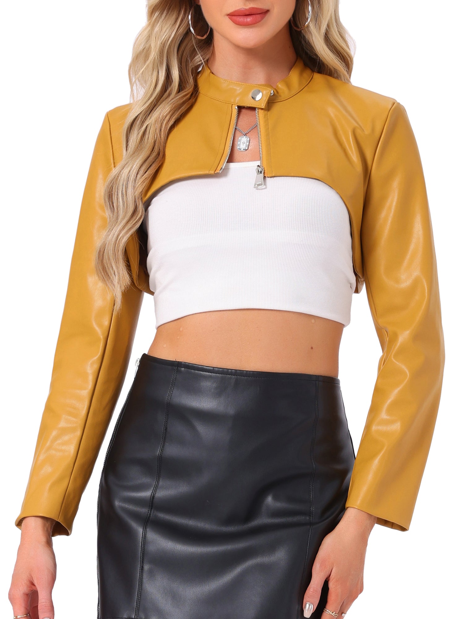 Faux Leather Stand Collar Moto Biker Cropped Jacket Shrugs