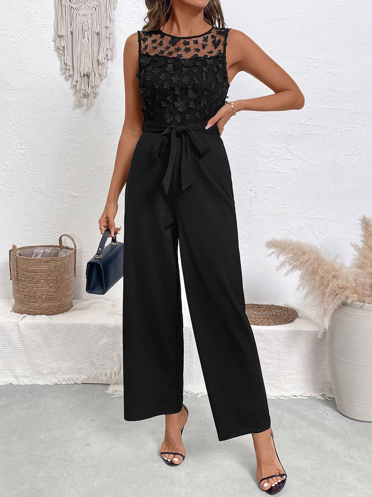 Flower Decor Mesh Sleeveless Tie Waist Jumpsuits