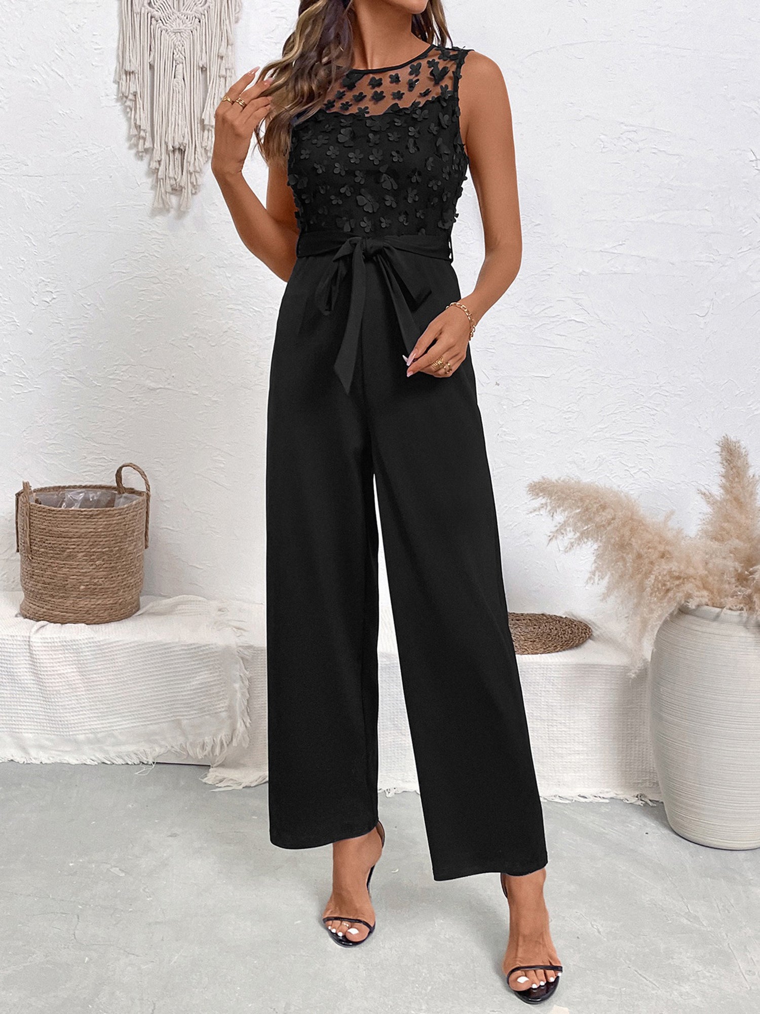 Flower Decor Mesh Sleeveless Tie Waist Jumpsuits