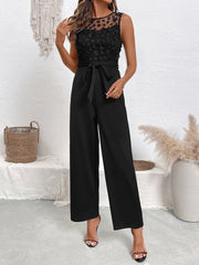 Flower Decor Mesh Sleeveless Tie Waist Jumpsuits