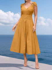 V Neck Ruched Lace-Up Cap Sleeves Pleated Midi A-Line Dress