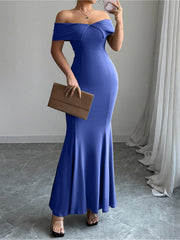 Solid Color Off Shoulder Bodycon Fishtail Maxi Dress