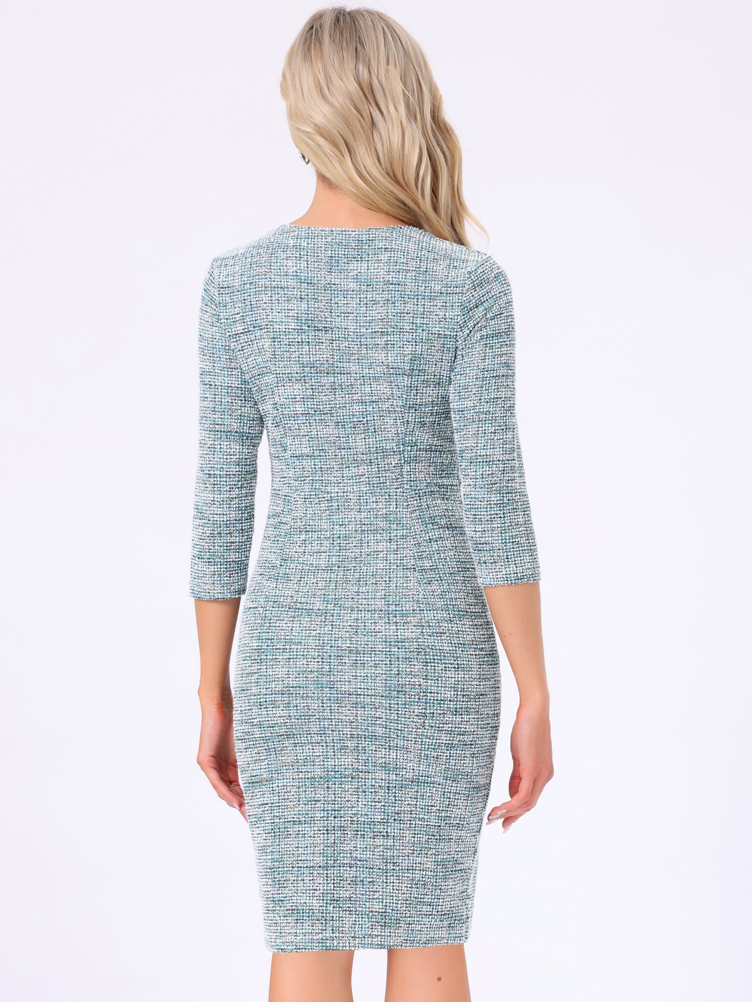 Elegant Square Neck 3/4 Sleeve Plaid Tweed Sheath Dress