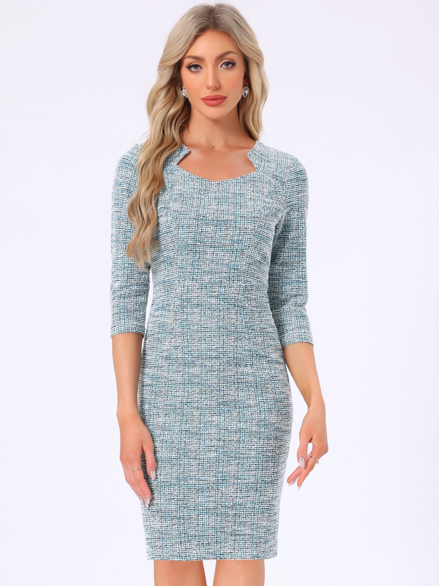 Elegant Square Neck 3/4 Sleeve Plaid Tweed Sheath Dress