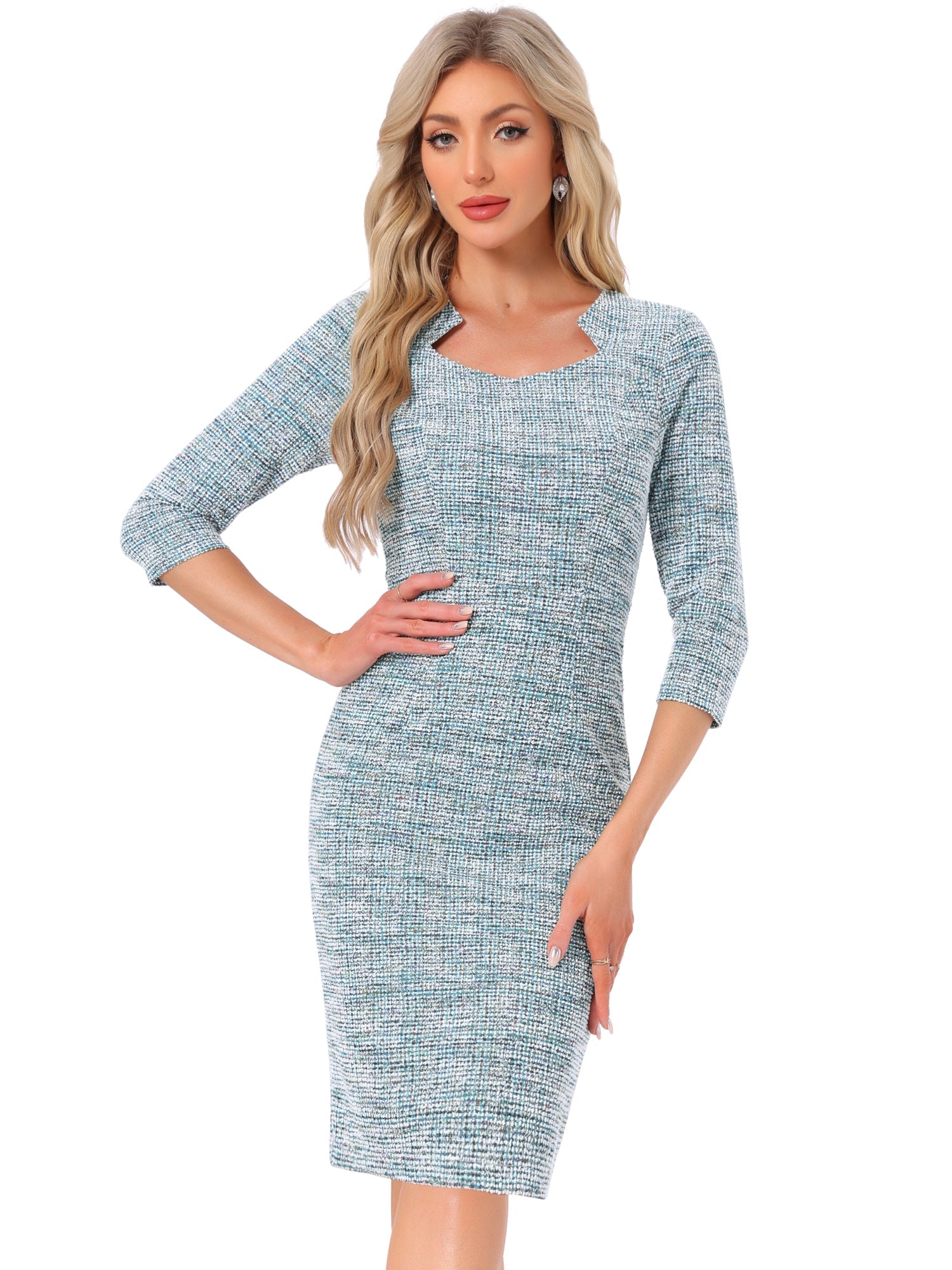 Elegant Square Neck 3/4 Sleeve Plaid Tweed Sheath Dress