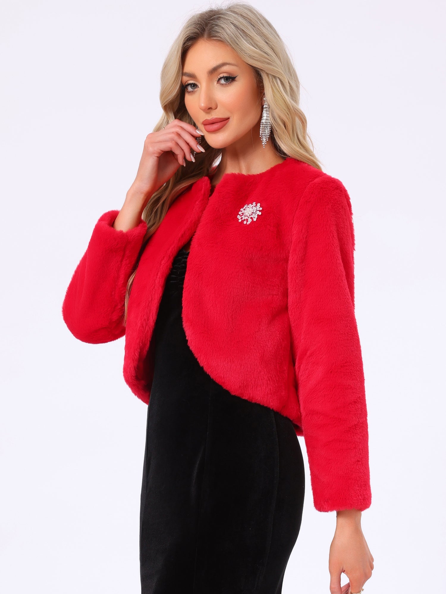 Winter Open Front Long Sleeve Faux Fur Bolero Shrugs Jacket