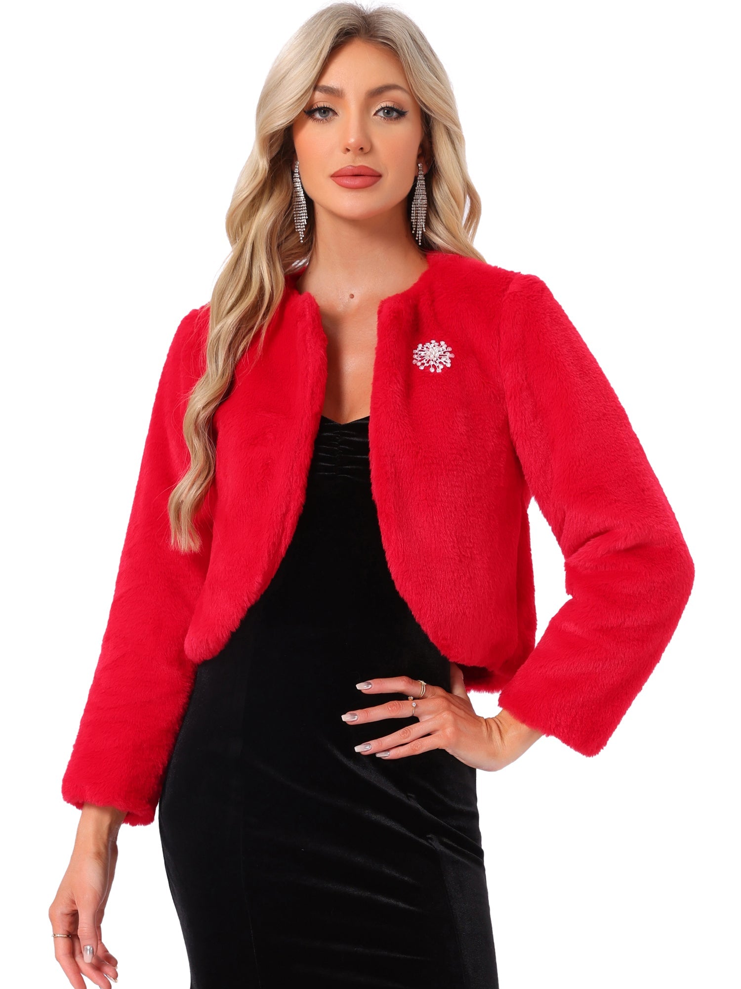 Winter Open Front Long Sleeve Faux Fur Bolero Shrugs Jacket