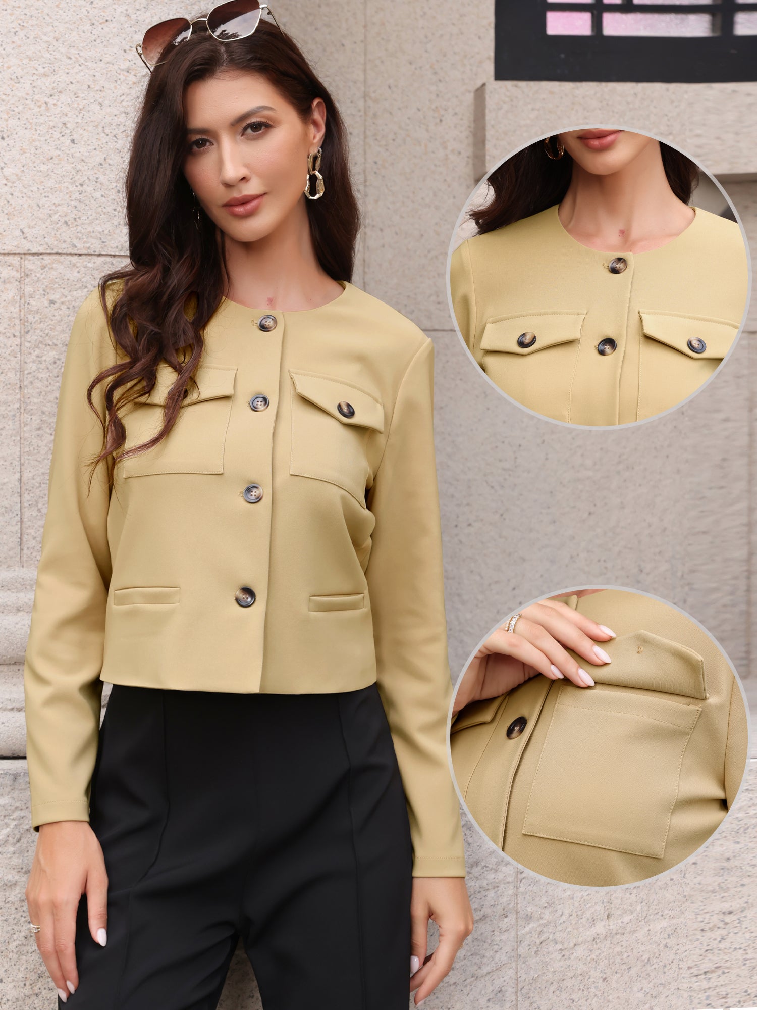 Button Down Collarless Long Sleeve Work Jacket