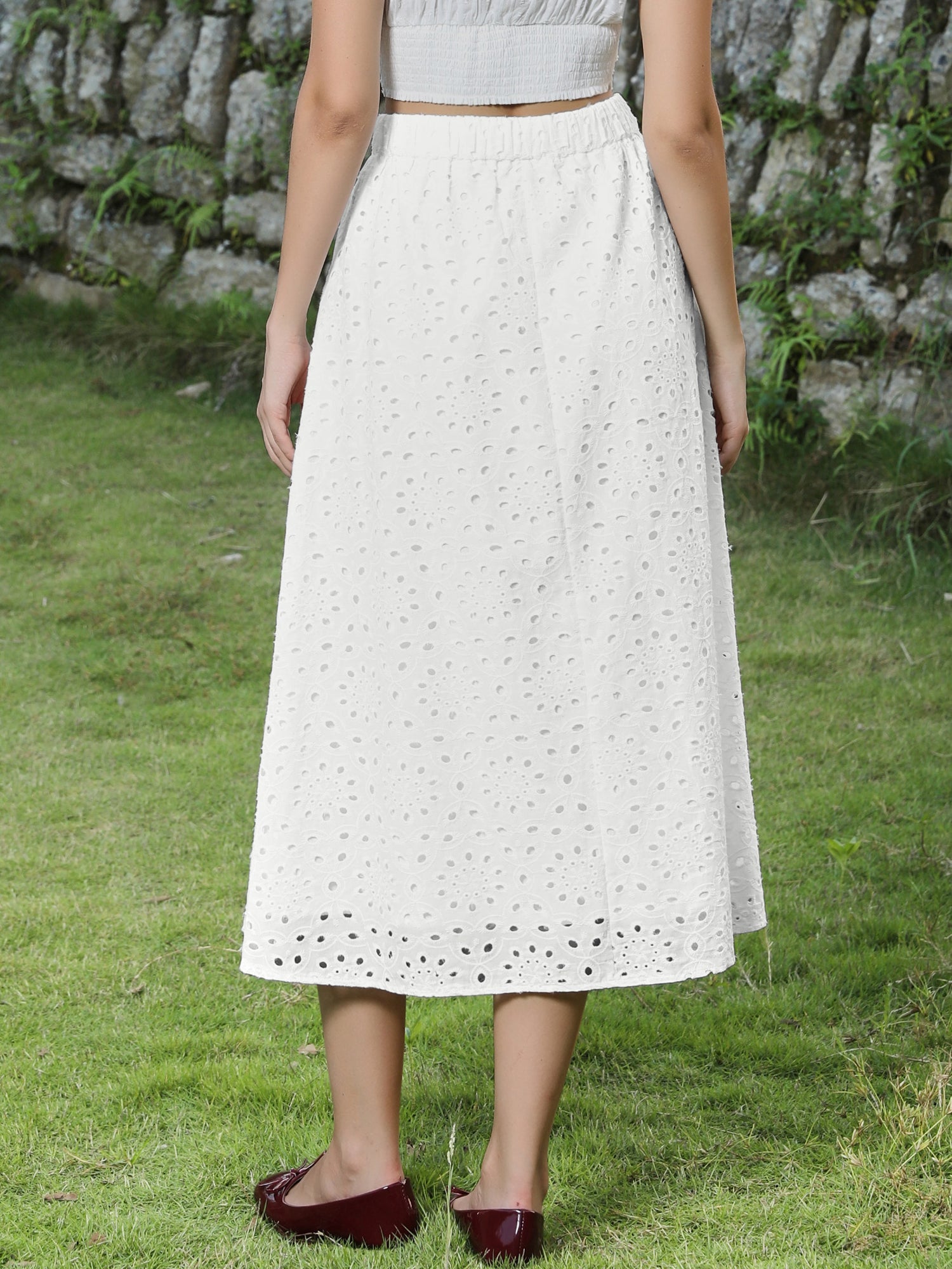 Cotton Eyelet Boho High Waisted A-Line Flowy Midi Skirts