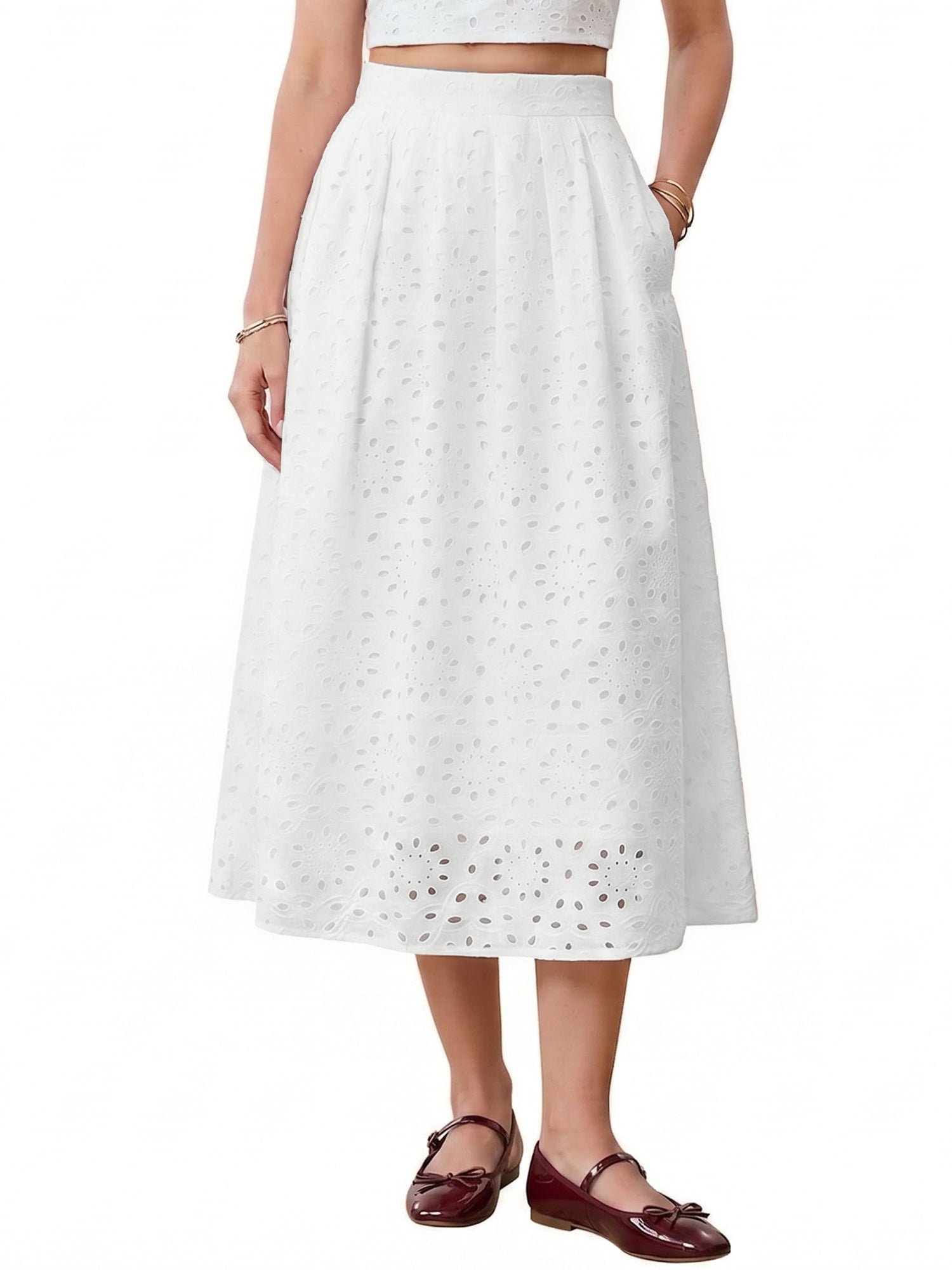 Cotton Eyelet Boho High Waisted A-Line Flowy Midi Skirts