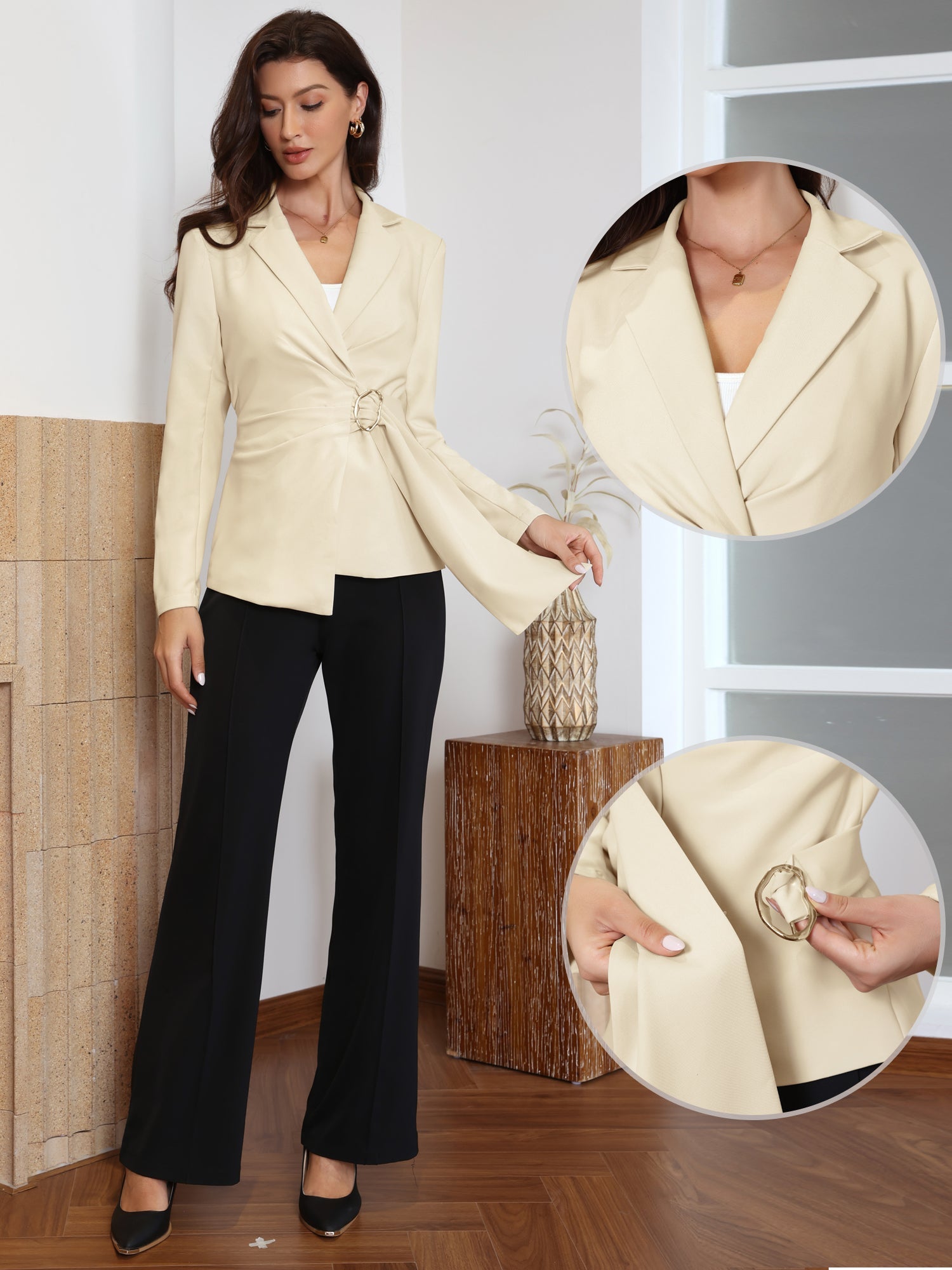 Notched Lapel Buckle Tie Waist Long Sleeve Work Office Blazer