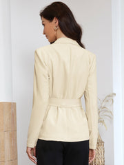Notched Lapel Buckle Tie Waist Long Sleeve Work Office Blazer