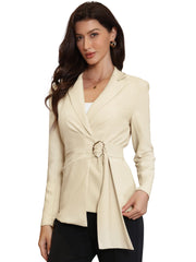 Notched Lapel Buckle Tie Waist Long Sleeve Work Office Blazer