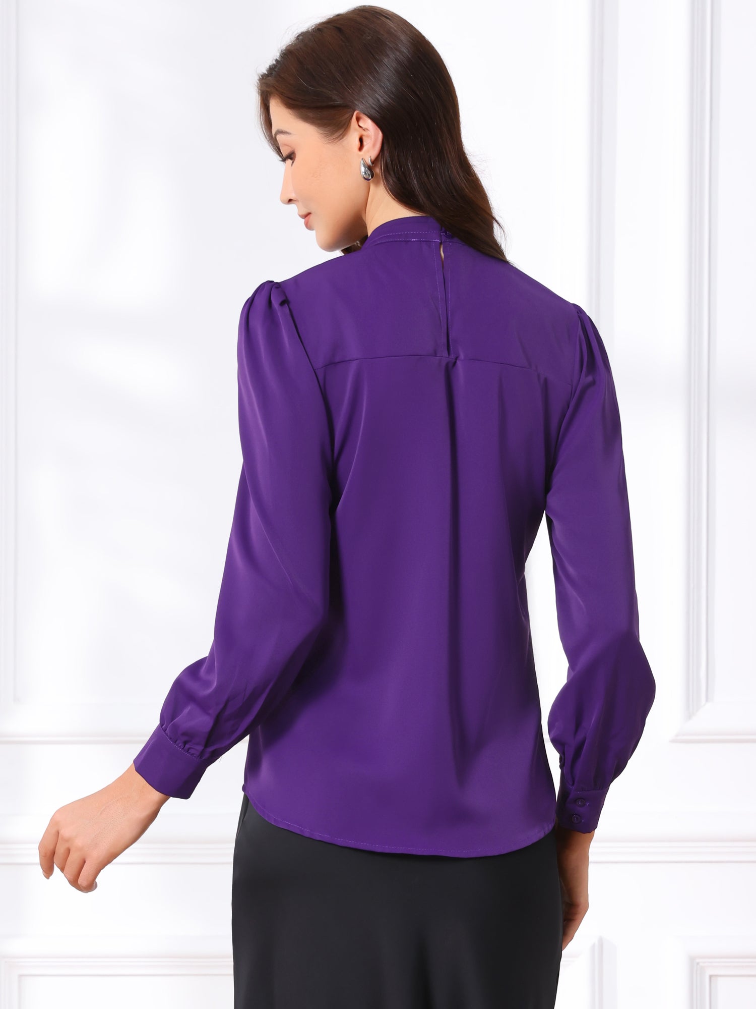 Keyhole Elegant Stand Collar Long Sleeve Chiffon Office Blouse