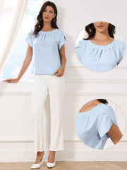 Short Sleeve Pleated Front Round Neck Work Blouses