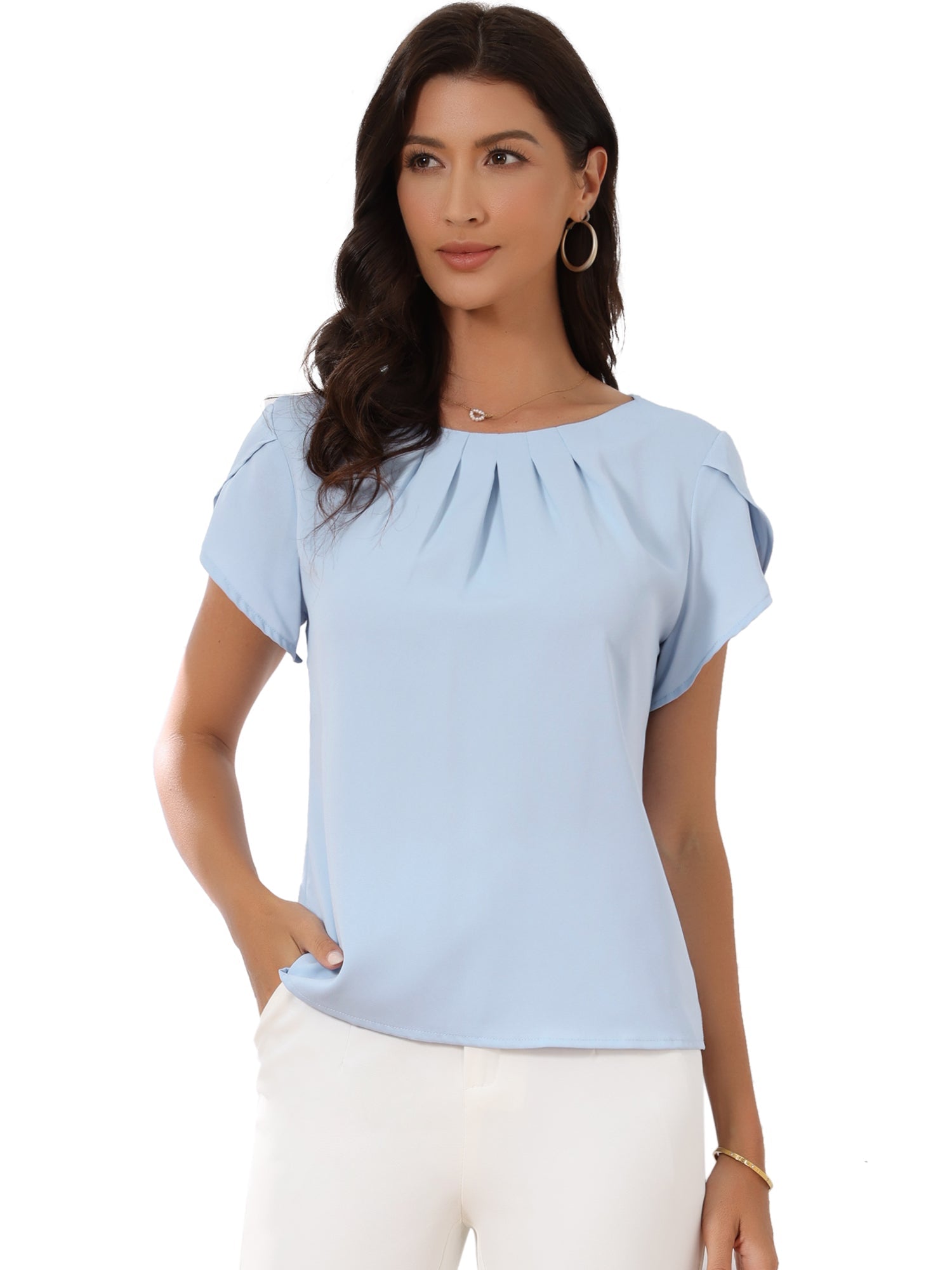 Short Sleeve Pleated Front Round Neck Work Blouses