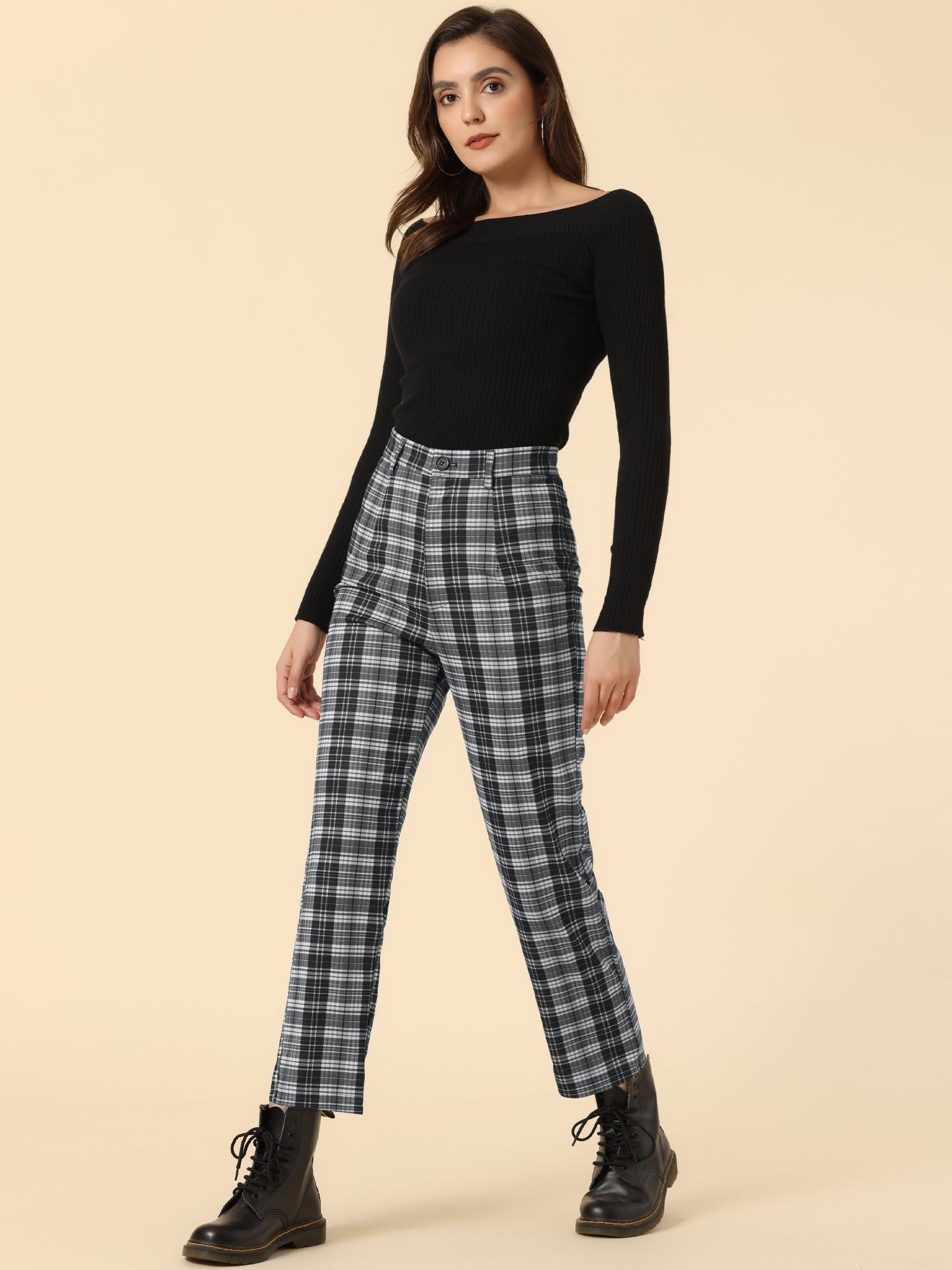 Plaid Cropped Trousers Button Casual Tartan Check Work Pants