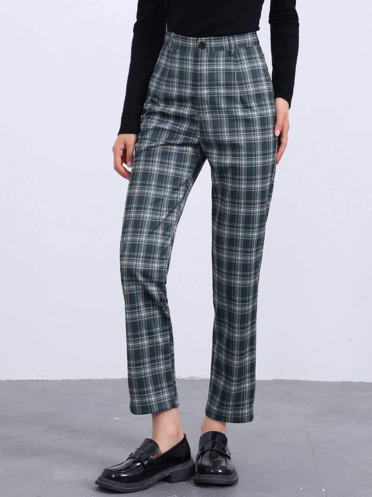 Plaid Cropped Trousers Button Casual Tartan Check Work Pants