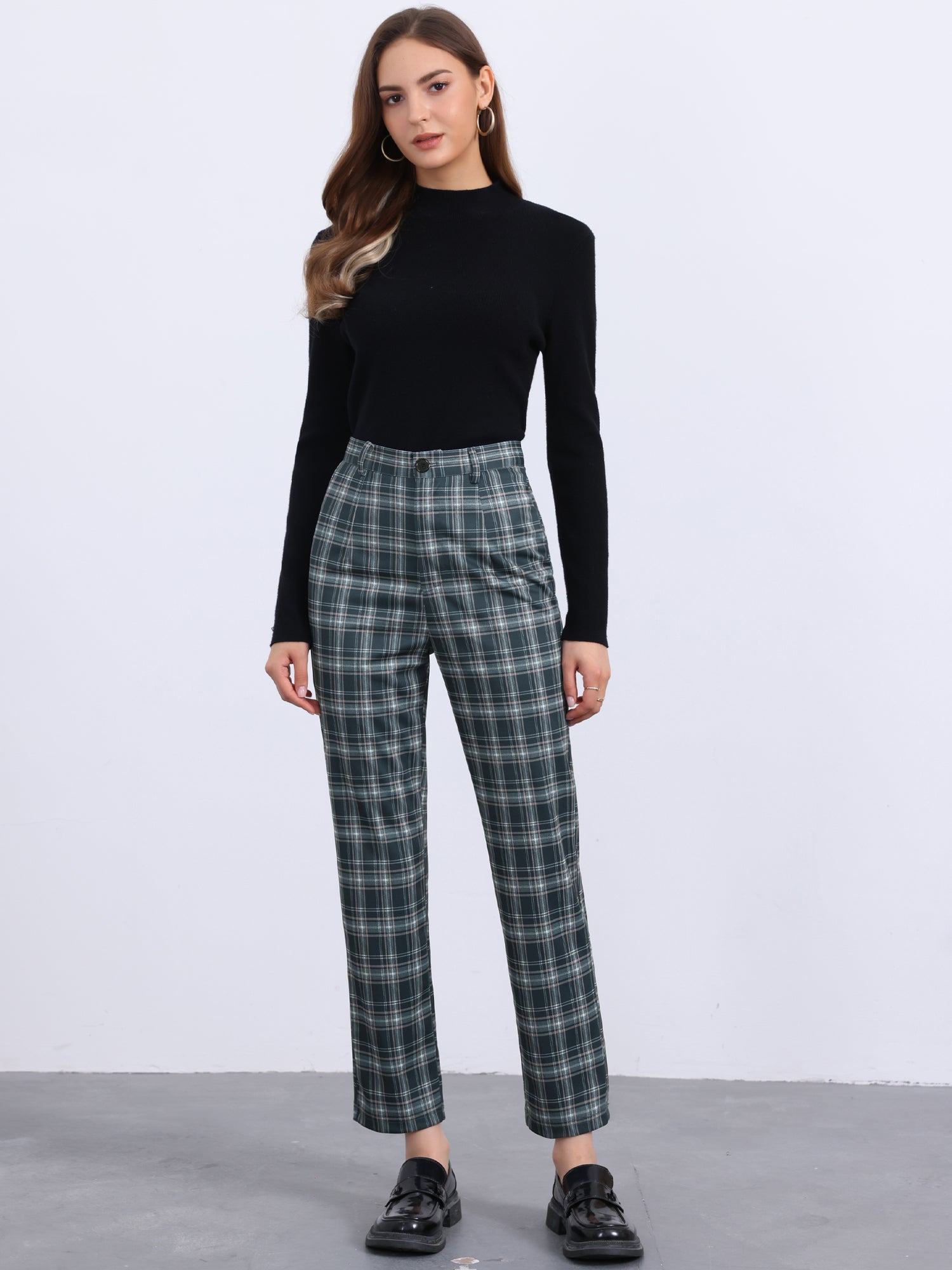 Plaid Cropped Trousers Button Casual Tartan Check Work Pants