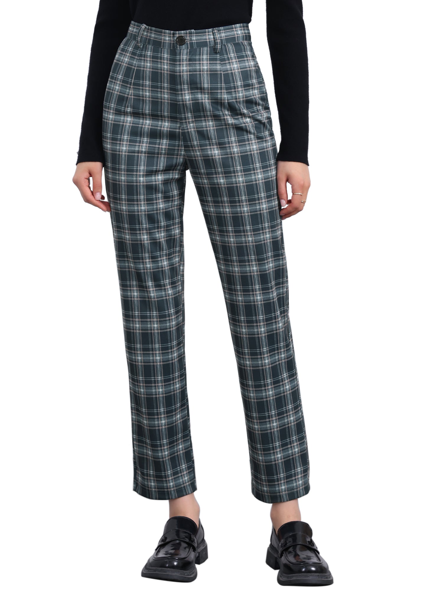 Plaid Cropped Trousers Button Casual Tartan Check Work Pants