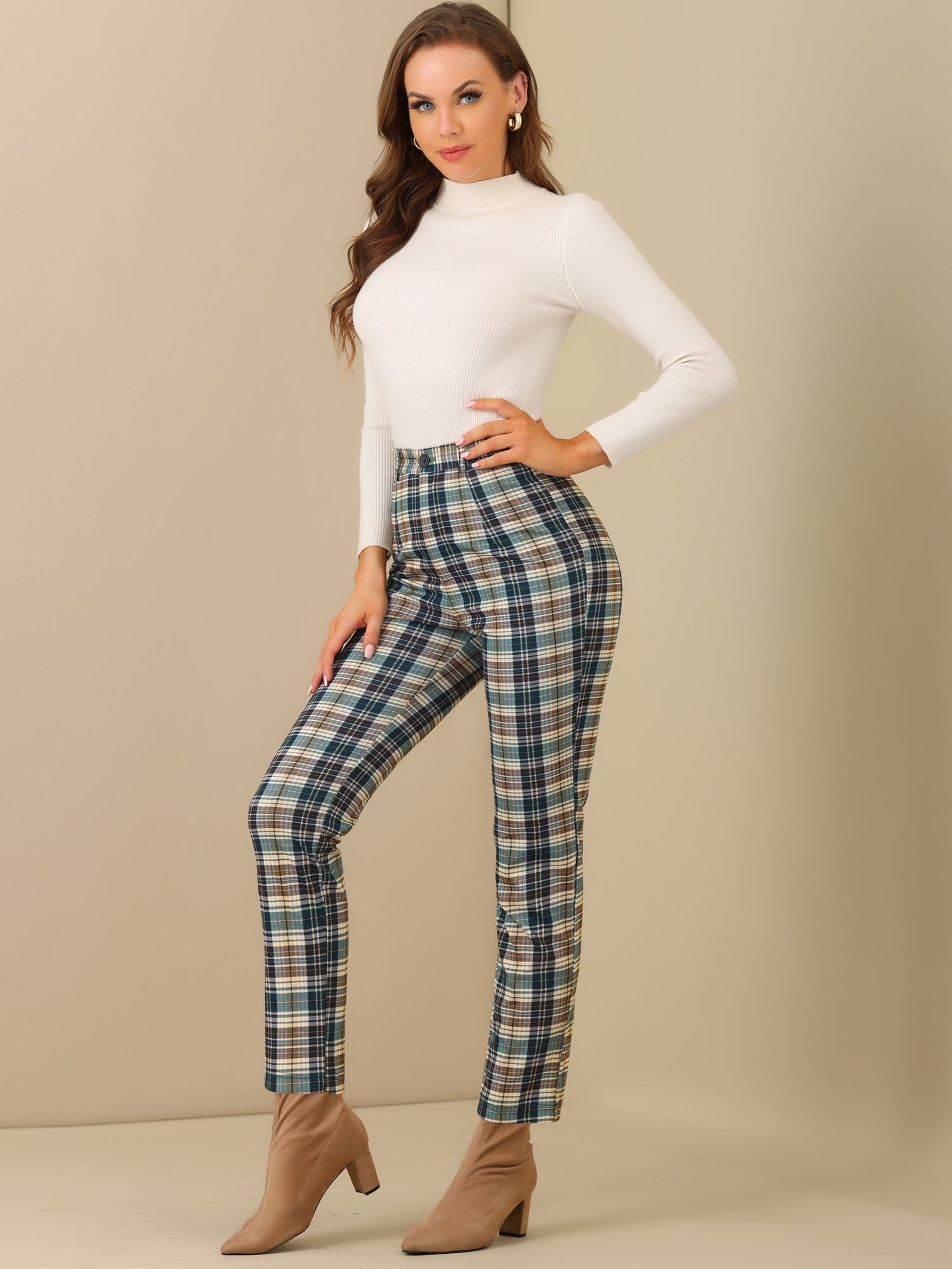 Plaid Cropped Trousers Button Casual Tartan Check Work Pants