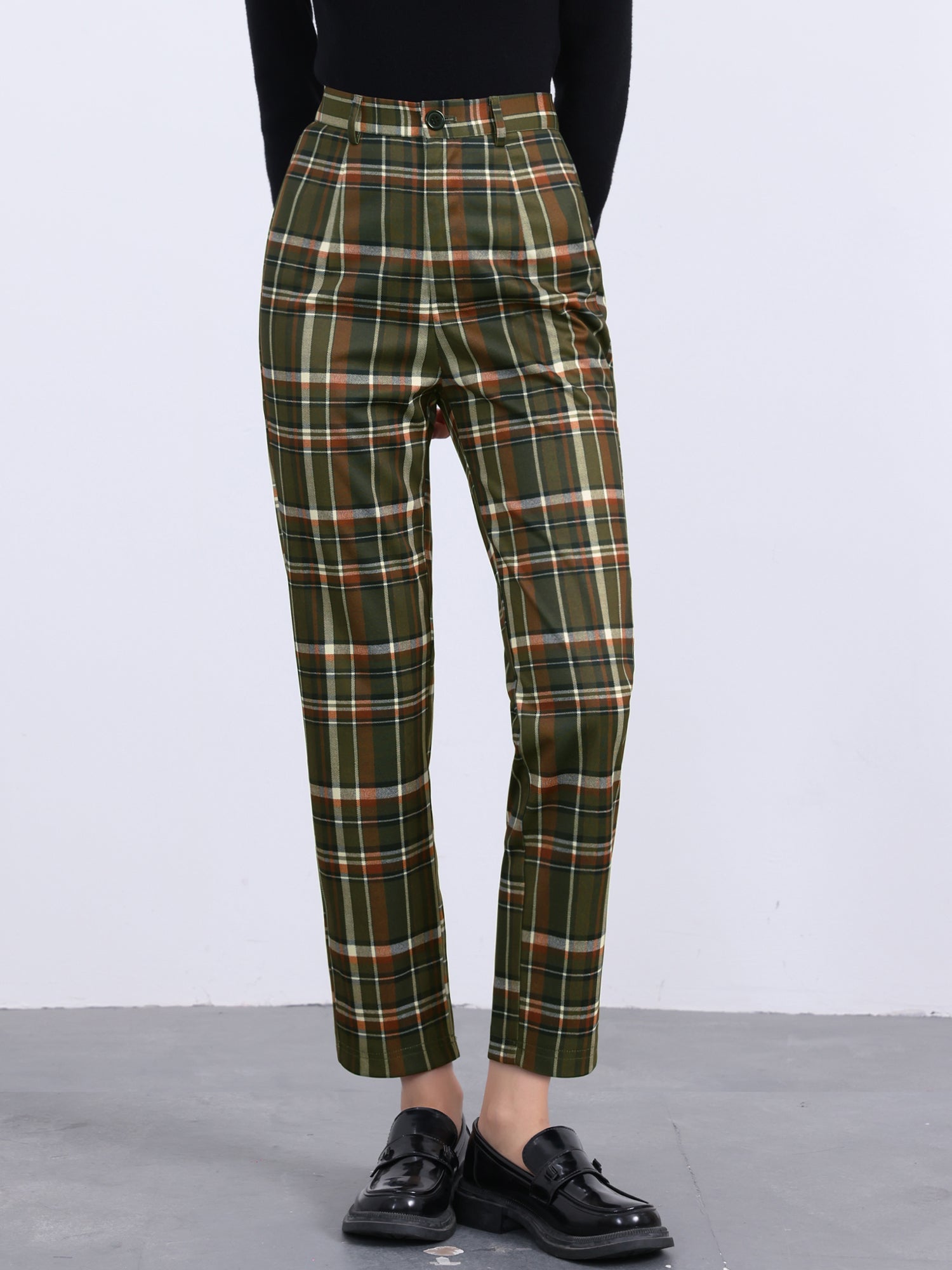 Plaid Cropped Trousers Button Casual Tartan Check Work Pants