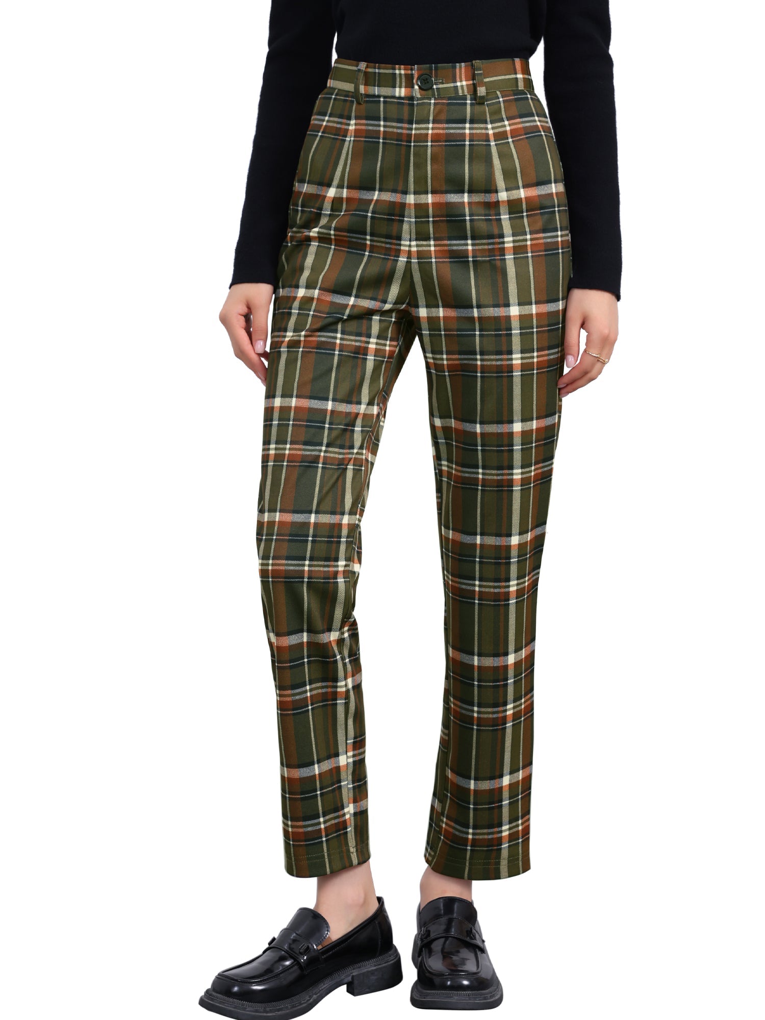 Plaid Cropped Trousers Button Casual Tartan Check Work Pants
